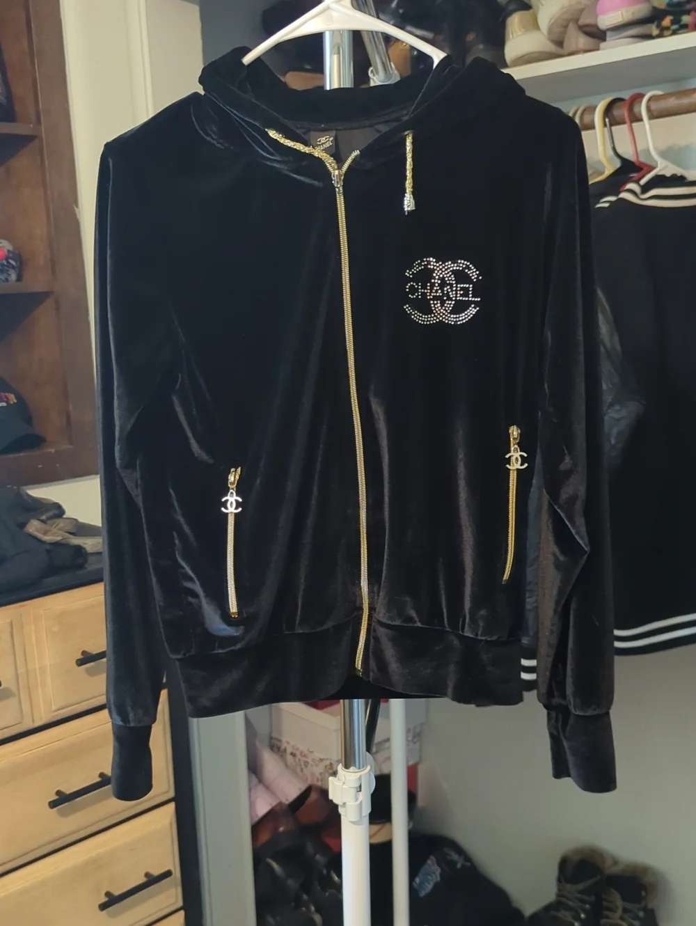 CHANEL Black Velvet Bedazzled Hoodie Size Small